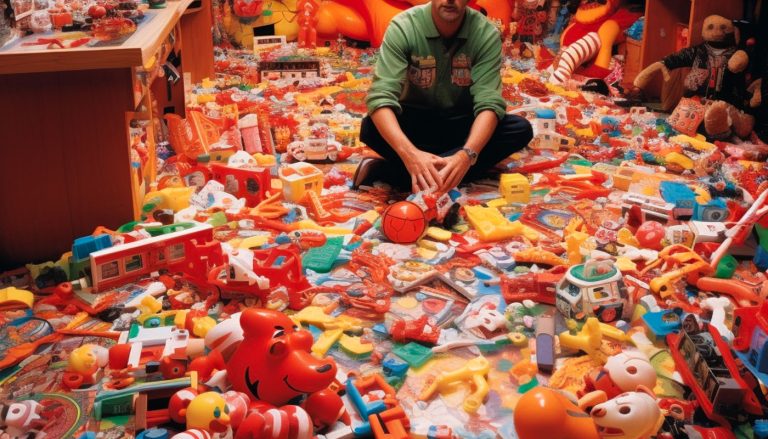 Man Sitting In A Room With Toys Everywhere