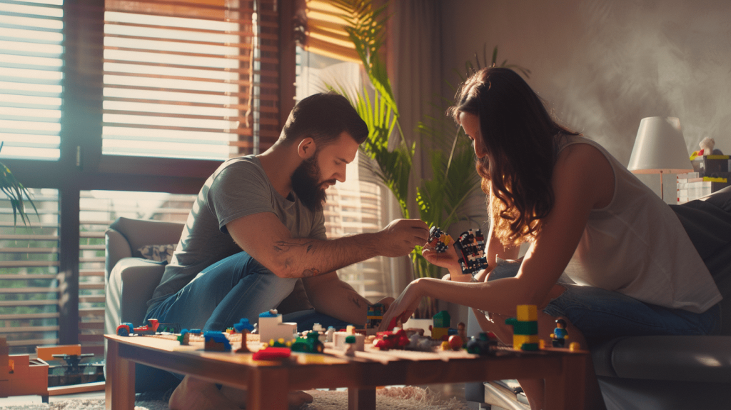 Parents playing with lego block sets